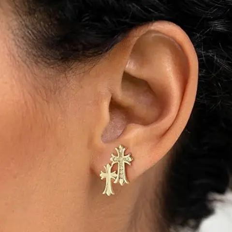 Double Cross Stud Earrings, 14k Gold Diamond Stud Earring, Unisex Vintage Hip Hop Punk Style Jewelry Accessory, Trendy Earrings, Ear Studs, Fashion Earring