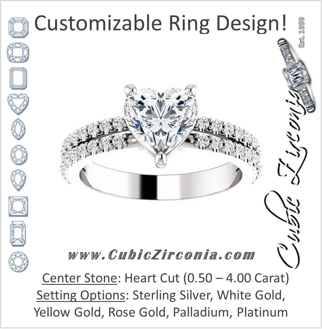 Cubic Zirconia Engagement Ring- The Kathryn  (Customizable Heart with Split Band & Round Pave Accents)