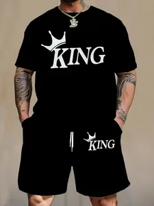 Men's Large Size Casual Sport Style King Pattern T-Shirt Set, Two-Piece Suit, Short Sleeve, Fitted, All Seasons, Regular Length Shorts
