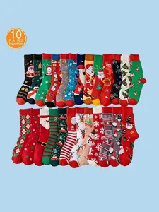 Christmas Crew Socks, Cute Cartoon Santa Design, Unisex Fitted Mid-Calf Socks, 10 Pairs Pack, Perfect Holiday Gift Box Set