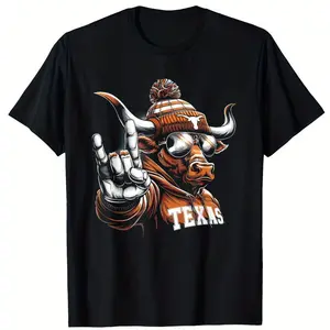 1 piece Men's Texas Longhorn Pattern T-Shirt, 100% Cotton Material, Round Neck, Short Sleeve, Regular Fit, Weekend Casual Wear, Spring and Summer Season Casual Wear, 200g/m² - Suitable for Valentine's Day, New Year, Father's Day, Christmas Casual