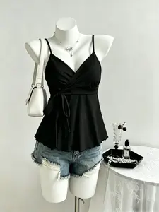 Summer Solid V-Neck Wrap Front Halter Top, Tie Waist Ruffle Hem Thin Strap Sleeveless Shirt, Women's Casual Flowy Tank Top