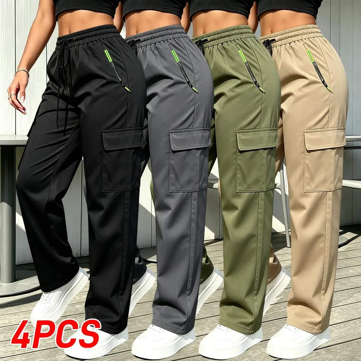 Women's 4-Pack Cargo Pants Clothes, Spring-Fall Casual Outdoor Long Pants with Zippered Pockets, Stylish Large Patch Pocket, Drawstring Elastic Waistband, Suitable for Slow Jogging & Everyday Wear