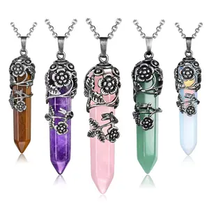 FJH-crystal Antique Silver Flower Wrapped Natural Rose Quartz Healing Crystal Necklace