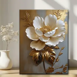 Elegant White Floral Canvas Art with Golden Leaves  Living Room, Bedroom, Office, and More - Framed HD Oil Painting Perfect Gift for Halloween, Thanksgiving, Christmas, Room Decor, Corridor, Coffee Shop, Library, Bathroom Design Flowers Poster Decoration