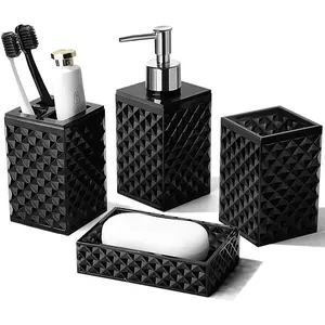 Black bathroom accessory set, 4-piece matte black bathroom accessory set, includes acrylic soap dispenser and toothbrush holder, suitable for bathroom countertop sinks, modern bathroom decor