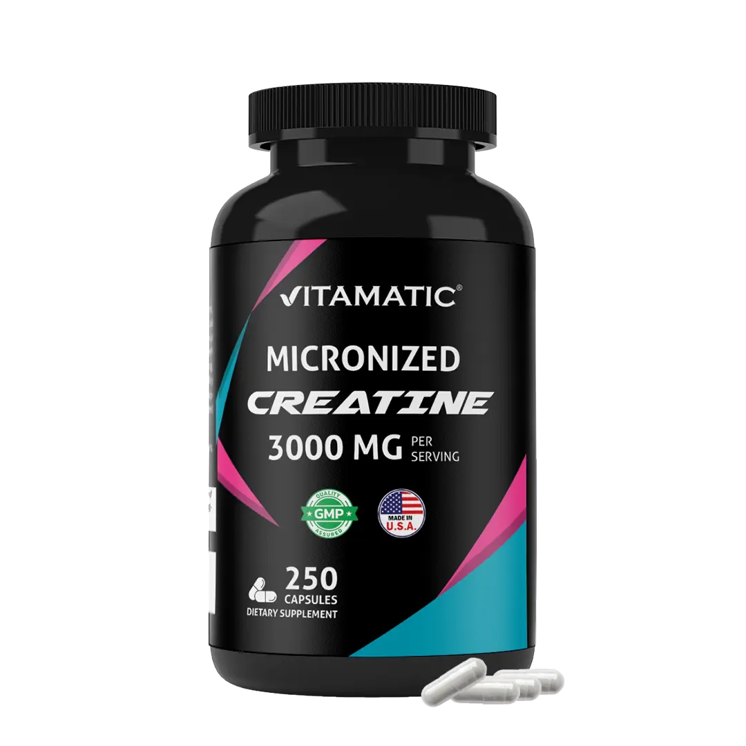 Vitamatic Micronized Creatine Monohydrate Capsules - 3000 mg Per Serving, 250 Count, High Purity, Non-GMO, Gluten-Free, Made in USA for Daily Performance Support