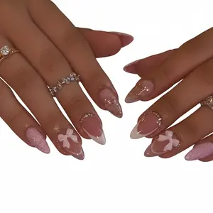 24Pcs Almond French Tip Press-On Nails, Medium Length, Pink Fake Nails with Bows, Rhinestones & Glitter Designs, White French Tips, Acrylic Full-Cover Glue-On Nails for Women, Easter & Birthday Gifts