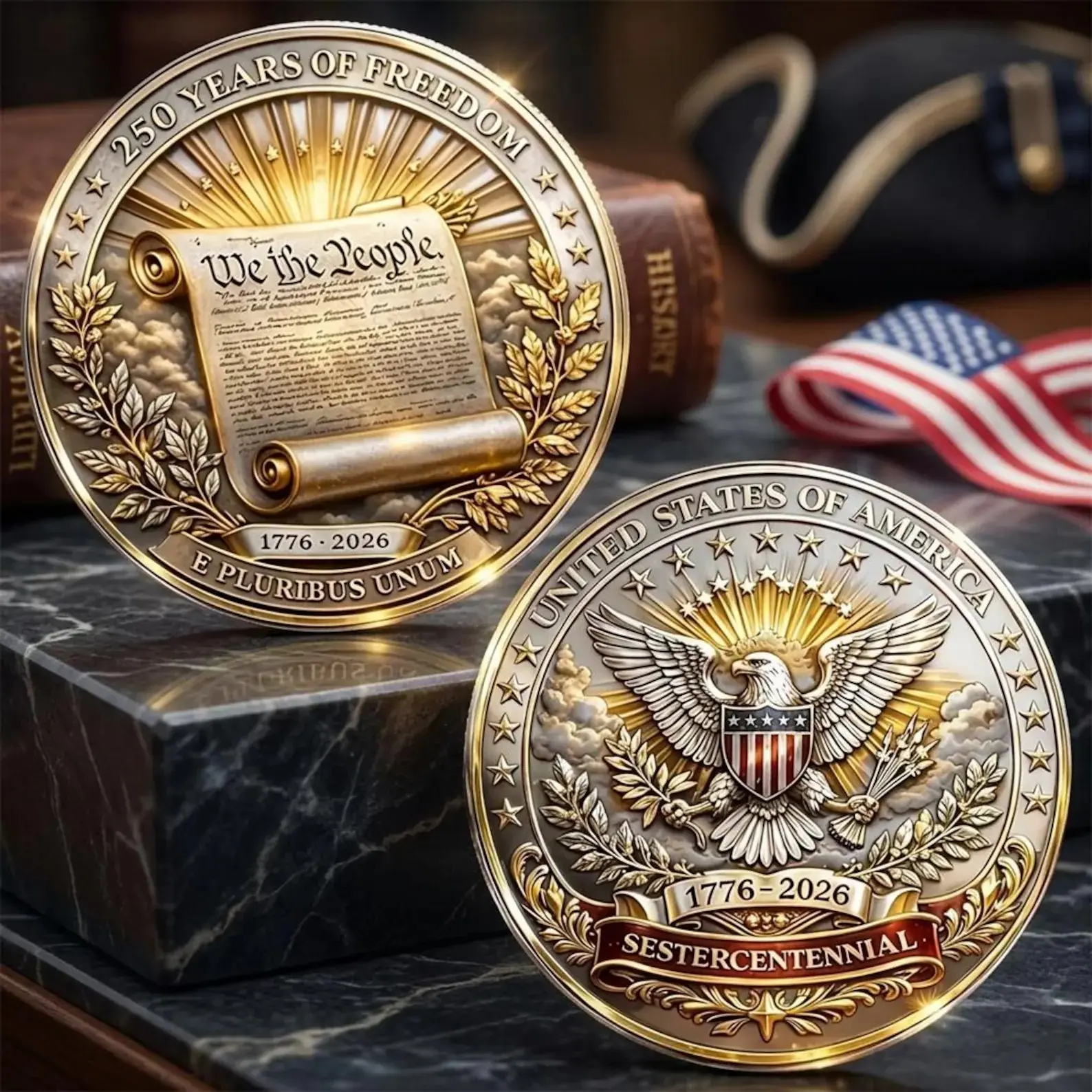 Semiquincentennial 1776-2026 Commemorative Medal, USA 250th Anniversary Challenge Coin, American Eagle We The People Coin, Patriotic