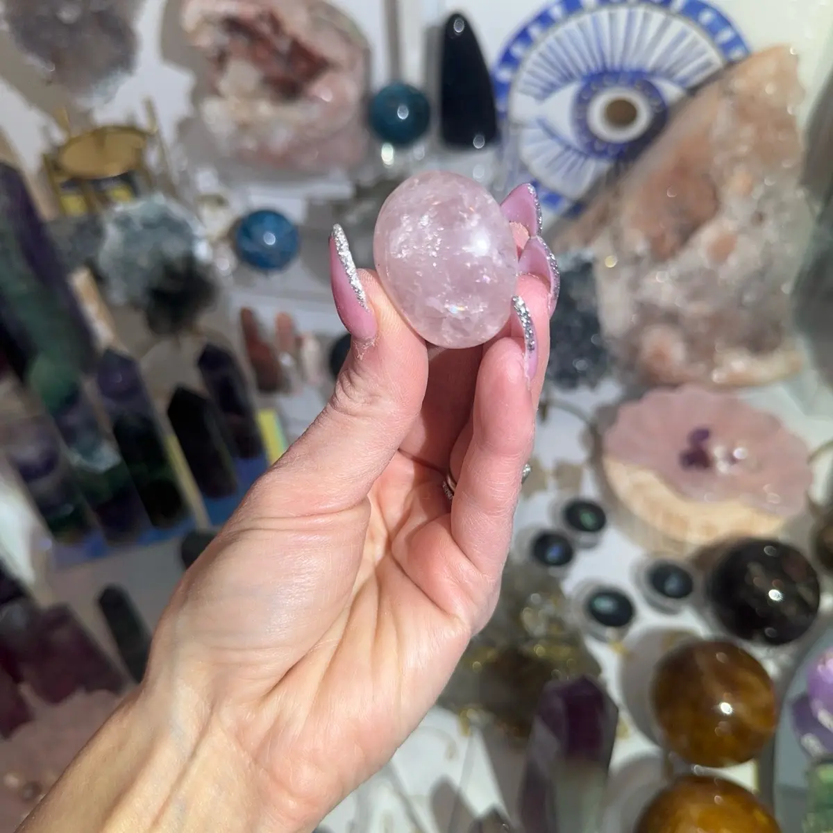 Rose Quartz Natural Crystal mini palm stone (with stars!)