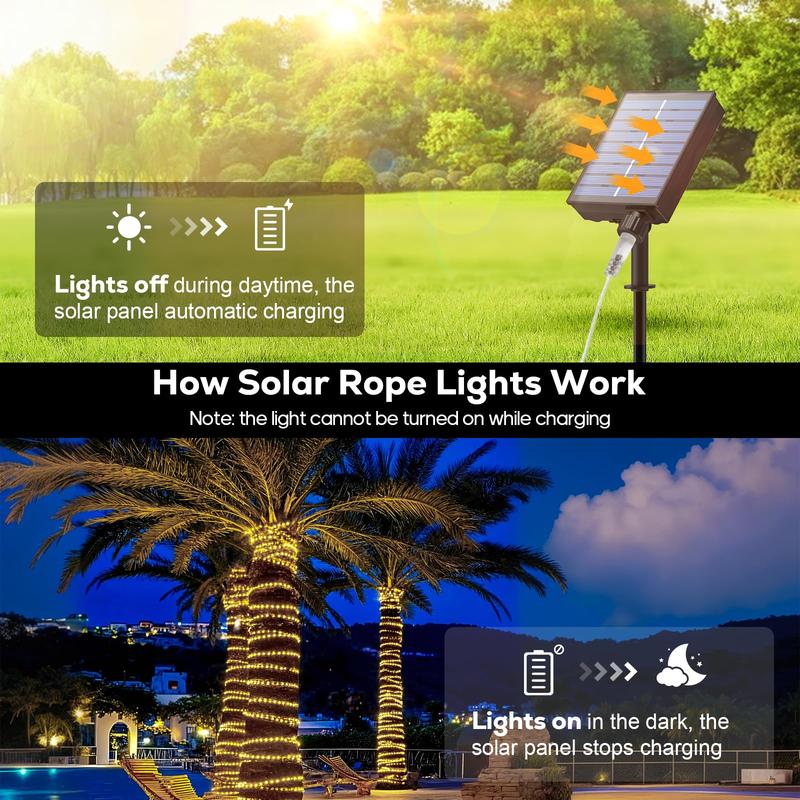 IP68 Solar Rope String Lights Outdoor with Remote, 10M 300LED Warm White Fairy Lights, 3-Wire Flat Cable, Timer Function, Solar-Powered Decorative Lights for Garden Patio Porch Pool