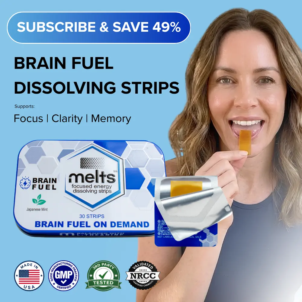 Melts Brain Fuel Dissolving Supplement Strips 30 Day Supply - Ultra Portable Paraxanthine L-Theanine Alpha-GPC B Vitamins for Focus Mental Clarity Edible Supplements