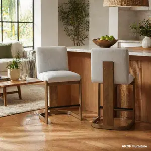 24" Solid Rubberwood Counter Height Bar Stools Set of 2 - Linen-Upholstered Square Back Kitchen Island Chairs with Soft Cushion, Walnut-Finished Legs, Light Grey Minimalist Indoor Furniture for Home Bar, Soft Cushioned Stool