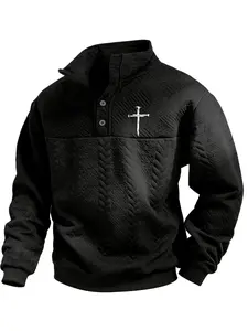 Men’s Solid Color Zipper-Up Drop Shoulder Sweatshirt, Loose Casual Long-Sleeve Stand Collar Pullover for Autumn & Winter, Men’s Clothing for Everyday Wear, Half-Zip Sweatshirts Menswear Tops