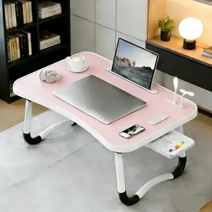 Multifunctional Lap Desk Cup Holder Drawer - Portable Folding Tray Laptop Table for Bed, Sofa with USB Fan & Light