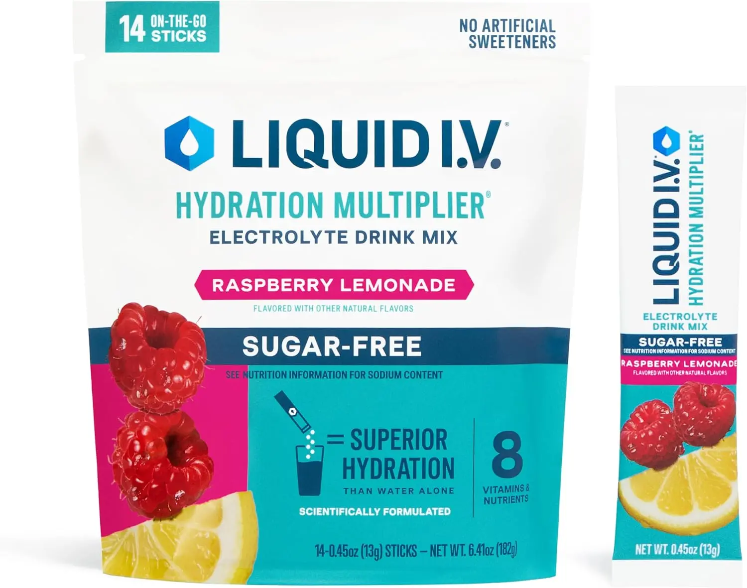 Liquid I.V. Hydration Multiplier Sugar-Free - Raspberry Lemonade | Electrolyte Powder Drink Mix | 1 Pack (14 Servings)