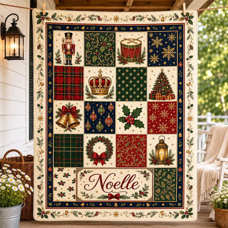 Vintage Christmas Patchwork Quilt Blanket, Nutcracker Holiday Throw, Traditional Festive Bedding, Custom Name Gif Bestie Sleepover Blanket Decor Throw Blanket Birthday Anniversary Holiday Christmas Halloween