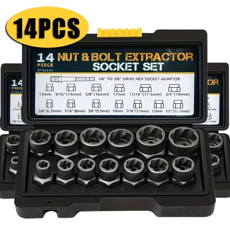 【PM】Bolt Extractor Kit, 14Pcs Cr-Mo Steel Bolt Extractor Set, 3/8" Drive Impact Bolt & Nut Remover Socket Tool Kit, Stripped For Damaged, Frozen, Studs, Rusted, Rounded-Off Bolts, Nuts & Screws