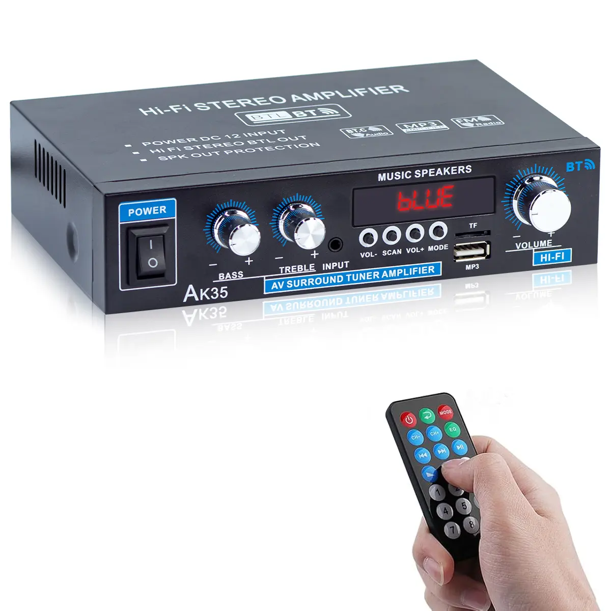 AK35 Bluetooth 5.0 Stereo External Amplifier - 2.0 Channel Metal Mini Audio Receiver, 30Wx2 Home HiFi Audio Amplifier with Bass/Treble Control for Home Theater, Smartphone, Mobile Cable Device