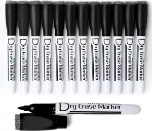 Magnetic Dry Erase Markers With Eraser Low Odor Fine Tip Whiteboard Pens Pack of 12, Black
