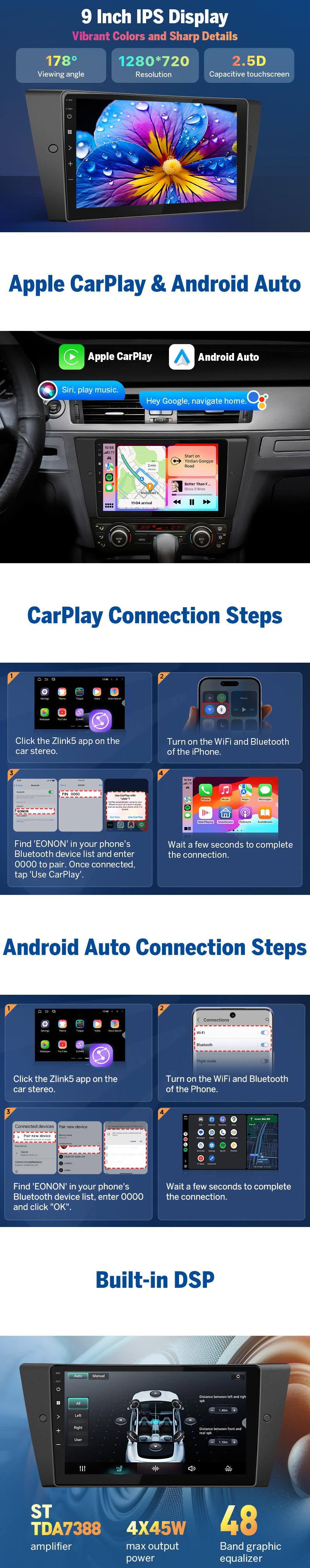 EONON Car Stereo for BMW 3 Series 325i, 328i, 330i, 335i (E90, E91, E92, E93) 2005-2013, BMW M3 2007-2012, Wireless CarPlay & Android Auto Car Radio, 9" Android 14 Touchscreen Head Unit, Bluetooth, GPS, Wi-Fi, Sub, SWC - E90X7A