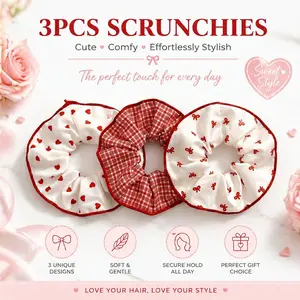 3-Pack Non-Damaging Retro Sweetheart Fabric Scrunchies | Heart, Plaid & Bow Patterns | Gentle on Hair | No-Crease Comfort Hair Ties  Banana Clip