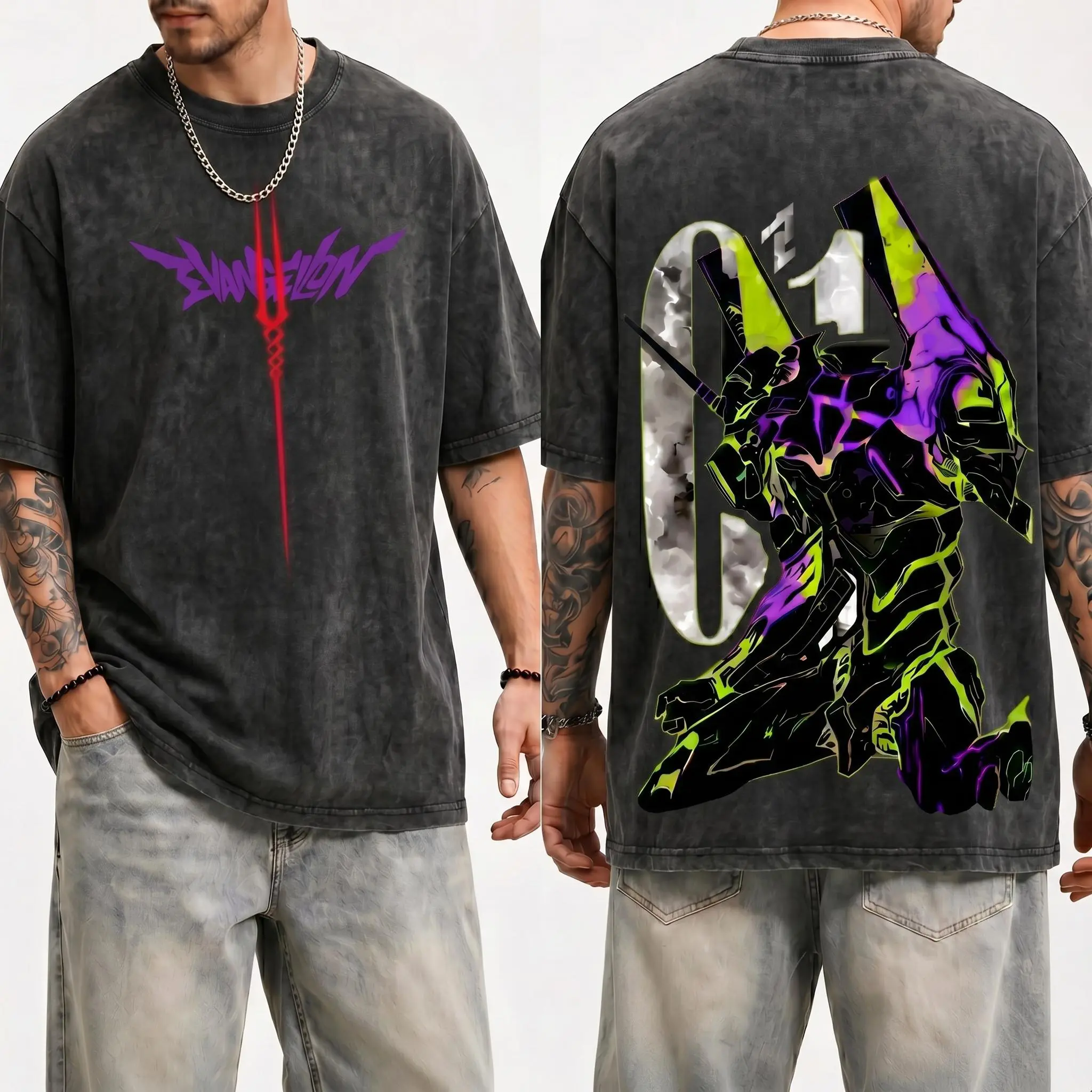 Evangelion Unit-01 T-Shirt – Vintage Washed Neon Genesis Evangelion EVA Unit 01 Mecha Anime Graphic Tee, Oversized Soft Cotton Streetwear, Unisex Casual Apparel, Gift for Anime Fans