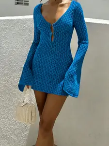 Holiday Style Long Sleeve Knitted Bikini Cover-Up Dress, Sexy Fashion Slim-Fitting Hollow Out Texture Short Dress, Plain Pattern, Swimsuit Cover Ups