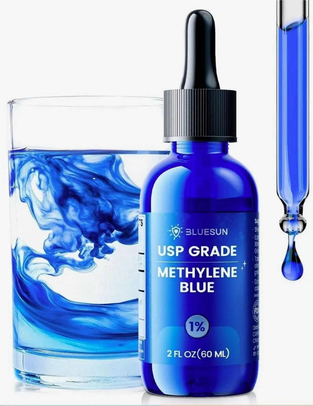 Bluesun Methylene Blue Drops 1% - USP Grade 2FL.OZ(60ml) - Third-Party Tested - Pharmaceutical Quality - Amber Glass Bottle - COA Included - Formaldehyde-Free - Made in The USA