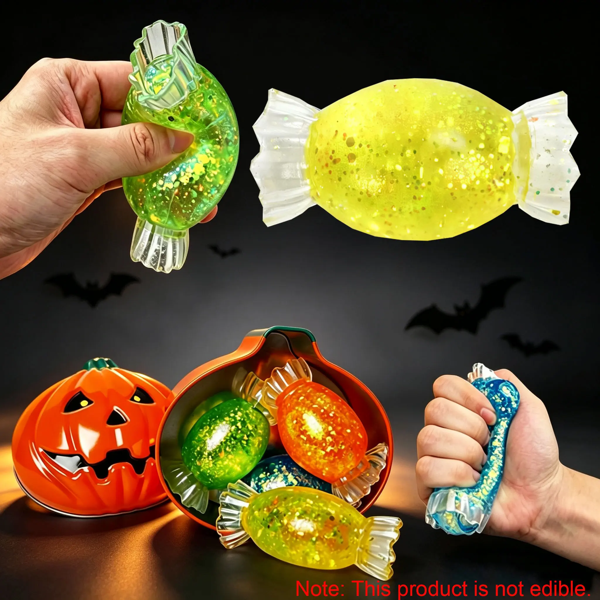 Halloween Candy Squishy Toy, Slow Rebound Pinch Stress Relief Fidget Ball for Anxiety & Relaxation, Set of 4 with pumpkin-shaped gift box