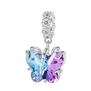 Gradient Crystal Butterfly Charm, 925 Sterling Silver, Sparkling Purple-Blue Crystal, Floral Detailing Bail for Bracelets, Jewelry DIY & Birthday Gifts, Purple & Blue Gradient