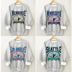 Vintage Baseball All Teams Sweatshirt – Ash Grey Retro 90s Crewneck Pullover with Classic Bat & Ball Graphic, Unisex Game Day Style