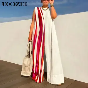 Women's sleeveless wide leg striped jumpsuit with shoulder pads made of cotton and linen blend, fashionable design, suitable for various occasions