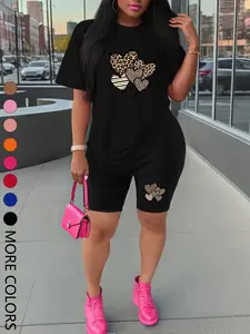 Summer New Short Sleeve Shorts Set, Sporty Heart Print, Comfortable Casual, Women's Two-Piece Outdoor Sports Wear