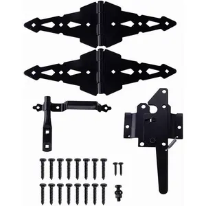 Gate  Set - Heavy Duty 8" Decorative Strap Hinges and Spring  Latch Kit with Screws for Outdoor Fence Swing Gate Black Finish