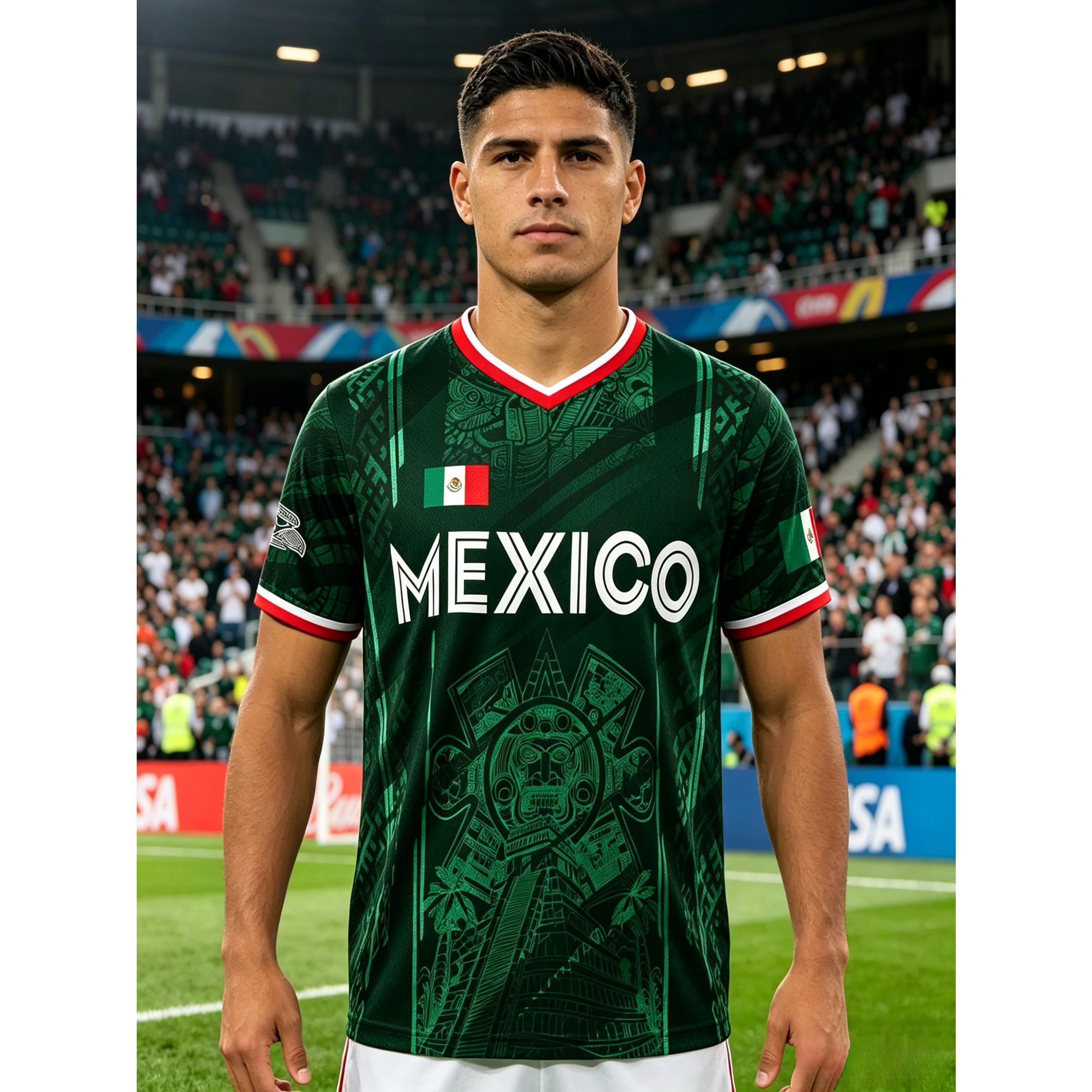 2026 Mexico Soccer Jersey,  Chichén Itzá Pyramid Graphic Retro Soccer Jersey, All over Print, Casual Style for All Seasons, Classic Throwback Jersey Sportswear Top