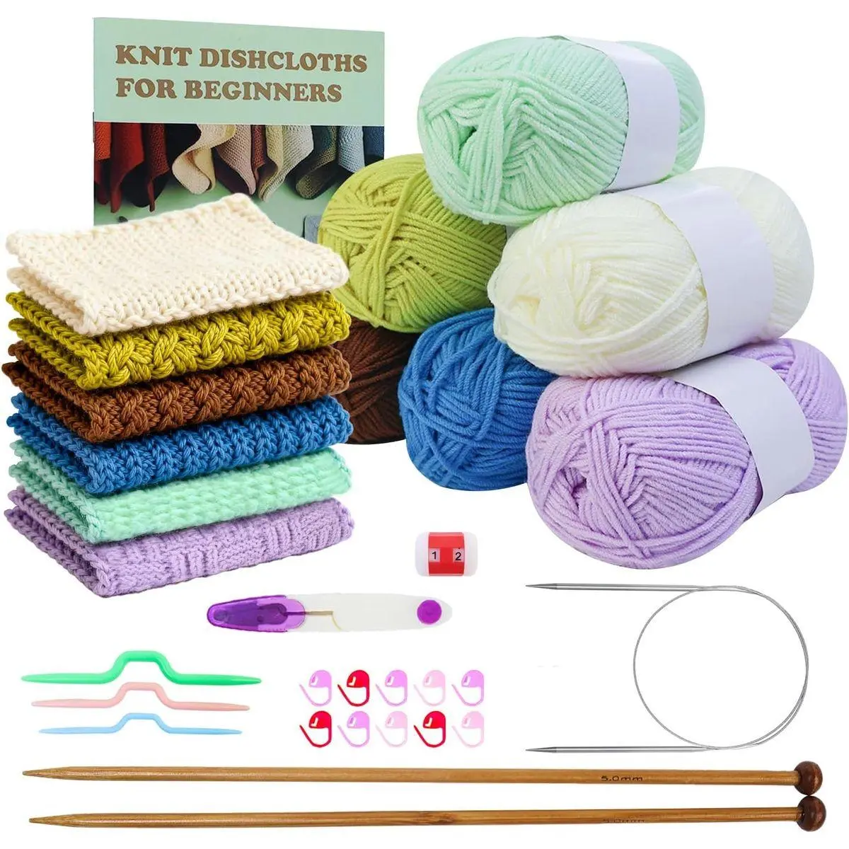 Knitting Kit for Beginners,Learn to Knit Kit for 6 Patterns Dishcloth with Step-by-Step Instruction,Complete Knit Starter Kit -Including Yarn, Knitting Needle&Accessories