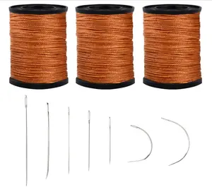 Extra Strong Upholstery Repair Sewing Thread Kit and Heavy Duty Household Hand Needles, Including 7 Styles of Leather Canvas Sewing Needles and 3 Rolls Nylon Thread (70 Yard of Each Roll), Brown