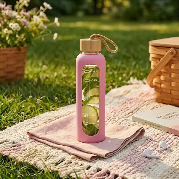 18 oz glass water bottle with time markings, leakproof design, includes silicone sleeve, suitable for office and gym use, pink color