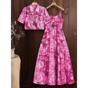 Women's Marble Print Tank Dress & Open Front Outwear Two-Piece Set, Casual Fashion Cozy Two Piece Outfits for Daily Outdoor Wear, Ladies Clothes for All Seasons