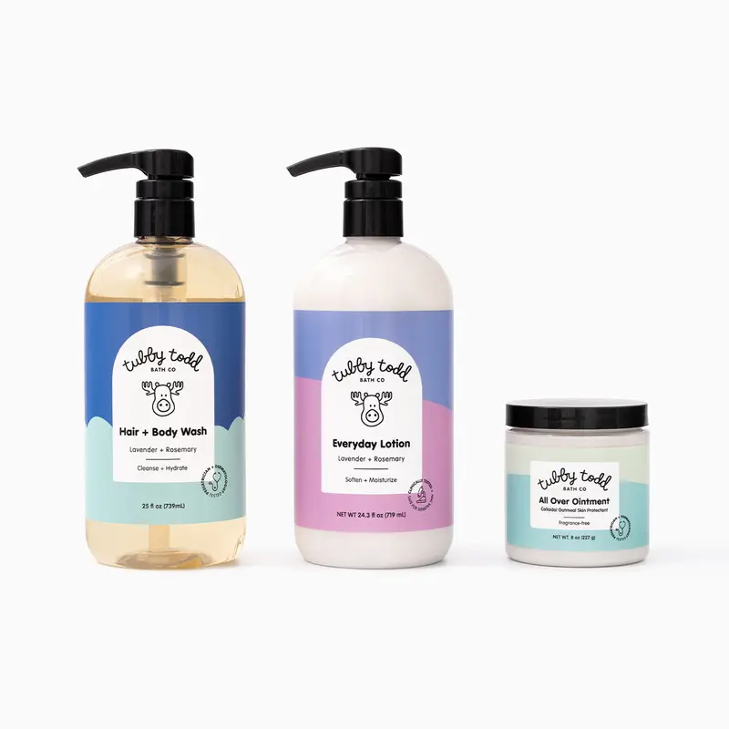 Tubby Todd 3-Step Routine for Sensitive Skin - Includes Hair + Body Wash, Everyday Lotion, All Over Ointment Eczema Treatment