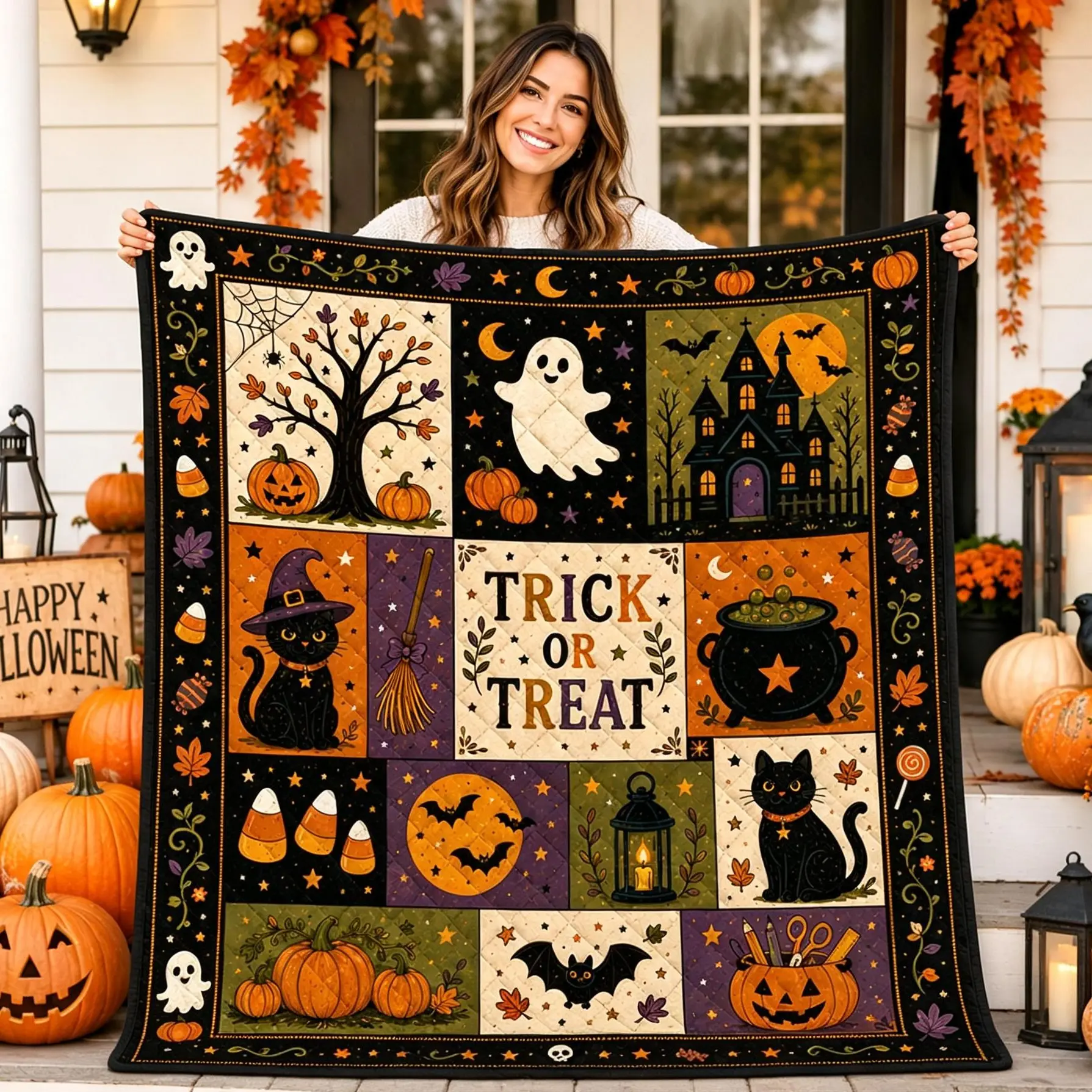 Classic Halloween Rustic Patchwork Fleece Flannel Throw Blanket - Vintage Orange-Black Cat, Ghost, Witch, Cauldron, Pumpkin Print, Super Soft Warm Cozy, Dorm Room Decor, Ghost Patchwork Blankets Gift for Women Teens