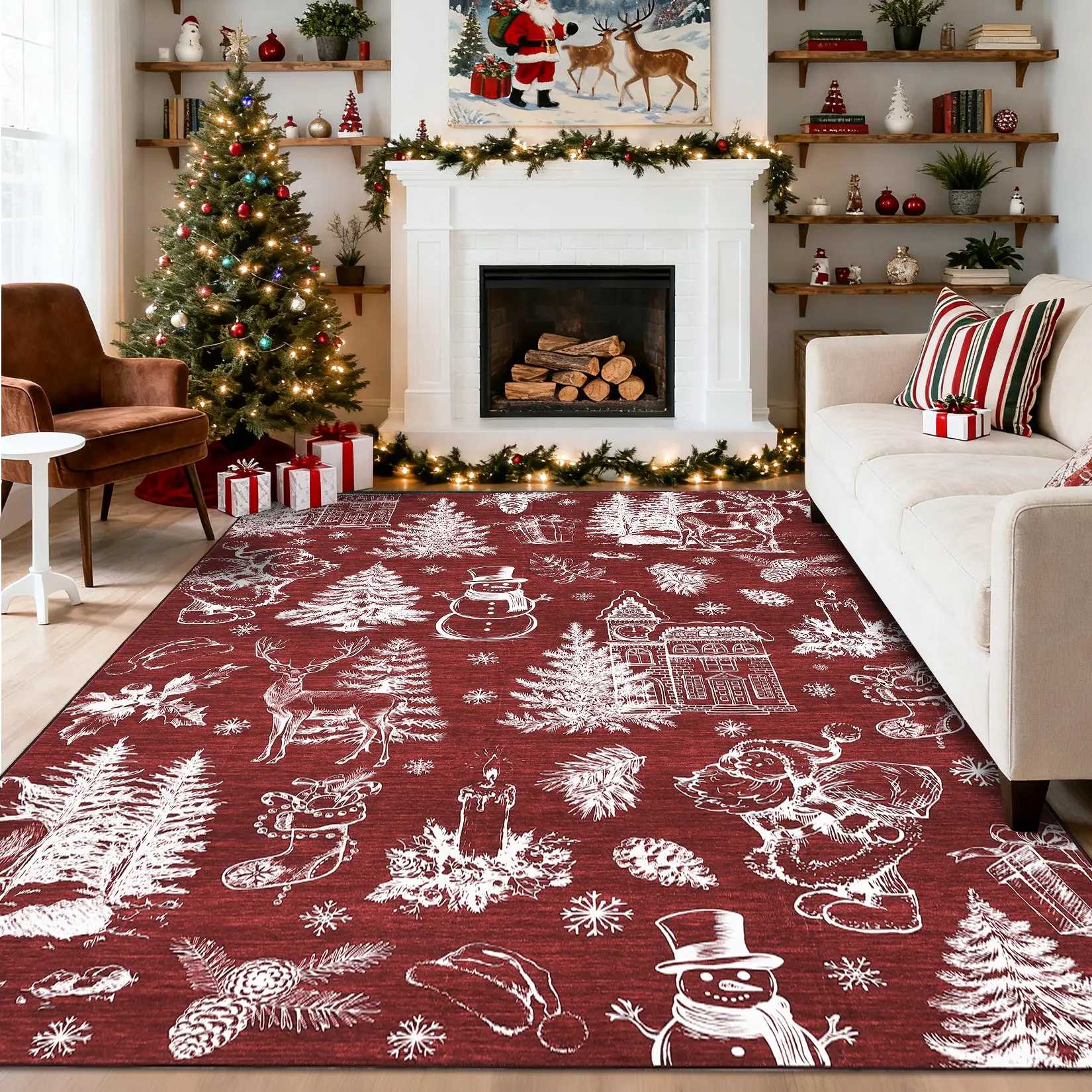 Christmas Carpet Washable Area Rug Soft Non-Lint Floor Covering Carpet Christmas Printed Rug for Bedroom Dining Room Living Room Office Corridor
