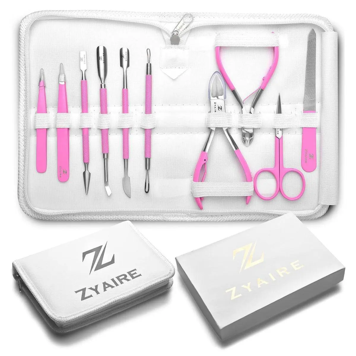 Manicure Pedicure Set - 10-in-1 Stainless Steel Grooming Kit, Personal Care Tools, Nail Nipper, Cuticle Cutter, Scissors, Tweezers, Blackhead Remover, Nail File & Case (Pink)