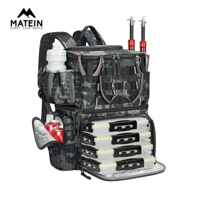 MATEIN Fishing Backpack, Saltwater Resistant 600D Nylon Tackle Bag with Rod Holder & Cooler, Includes 4 x 3600 Trays, Fishing Gifts for Men, Boyfriends, Father Day Summer Sale