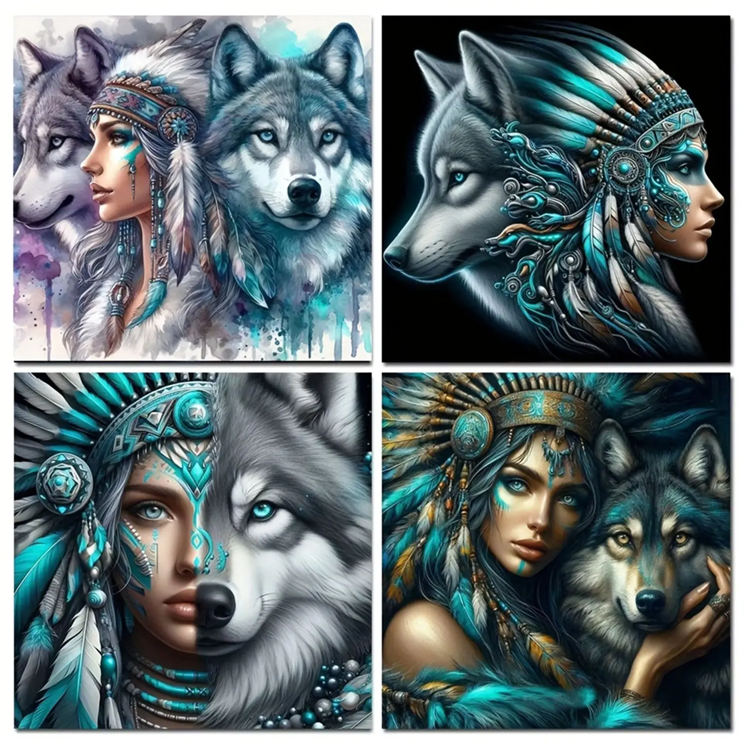 4pcs set 30X30CM(11.81X11.81 inch) Native Woman and Wolf Diy diamond painting kits for Adults Full Round Diamond Mosaic Embroidery Gift,Diamond Art kits,handmade Home decor Wall Art