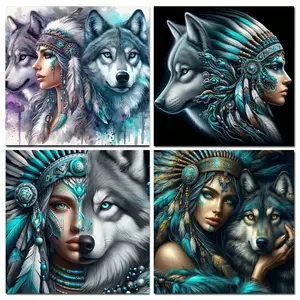 4pcs set 30X30CM(11.81X11.81 inch) Native Woman and Wolf Diy diamond painting kits for Adults Full Round Diamond Mosaic Embroidery Gift,Diamond Art kits,handmade Home decor Wall Art