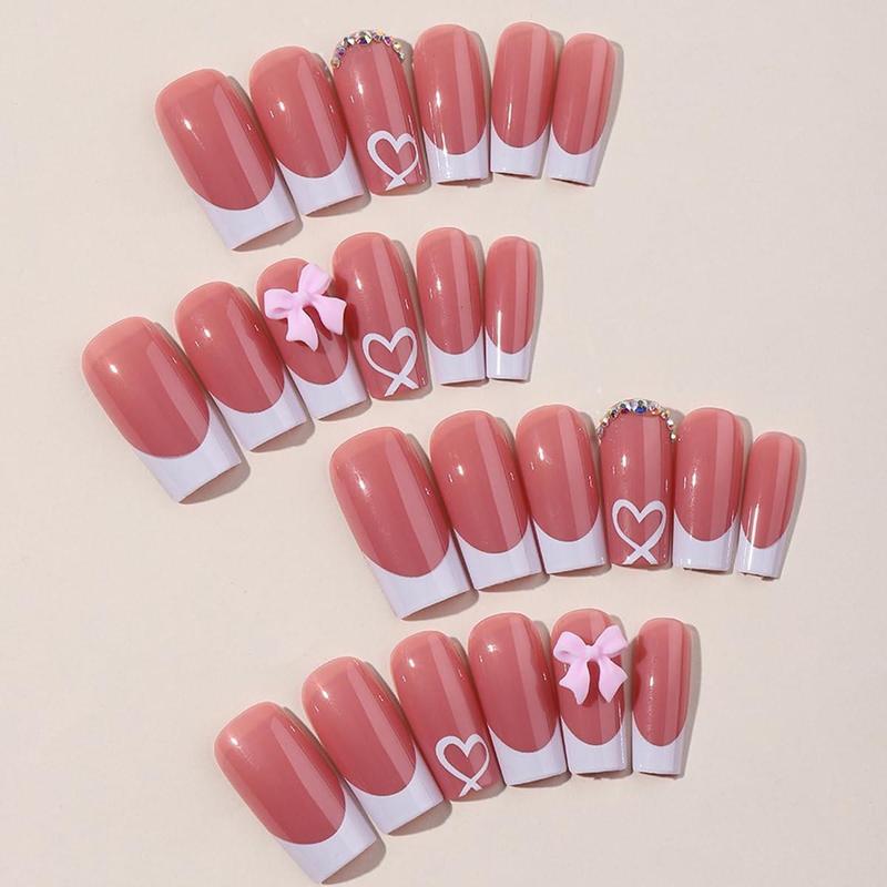 French Tip Press On Nails with Charms Medium Fake Nails White Acrylic Nails for Women Daily Wear Square Shape with Cute Bow & Rhinestones 24 Pcs/Box