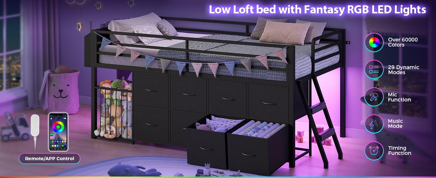 Twin Size Low Loft Bed with 8 Storage Drawers & Toy Organizer, Metal Loft Bed with RGB Lights, 13" H Safety Guardrail, Play Zone, Heavy Duty Twin Low Loft Bed with 2-Step Ladder & Anti-Tip Kit, No Box Spring Needed, Black