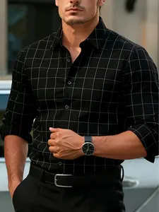 Men's Casual Plaid Checked Long Sleeve Fitted Shirt Cs6854, Menswear, Anti-Wrinkle Quick-Dry Fabric, Skin-Friendly Woven Material, Medium Thickness, All Seasons